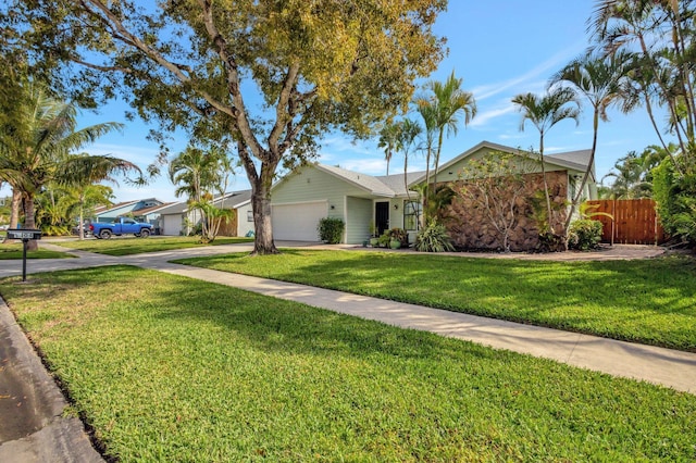 single story home with a garage and a front yard