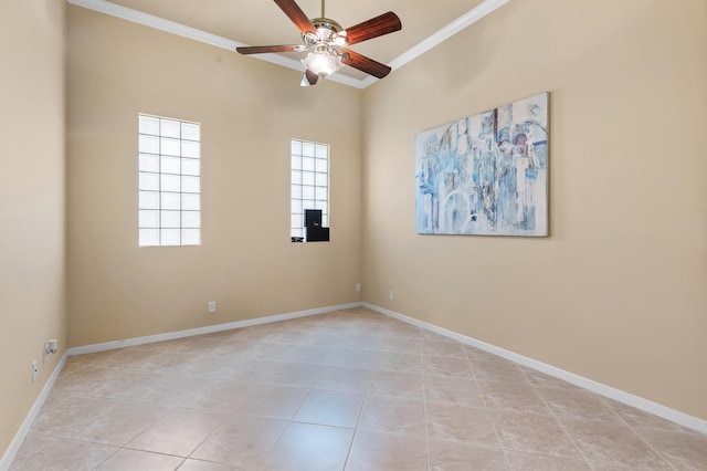 unfurnished room featuring baseboards, light tile patterned floors, a ceiling fan, and crown molding