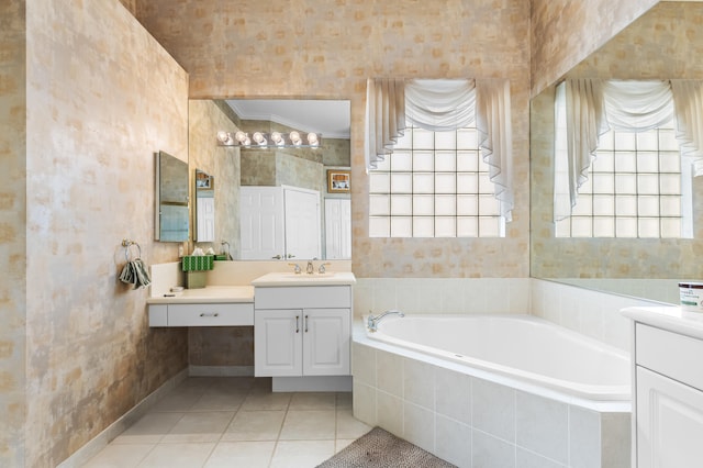 full bath featuring a garden tub, crown molding, vanity, tile patterned flooring, and wallpapered walls