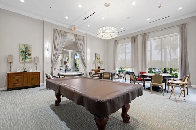 game room featuring light carpet, crown molding, and baseboards