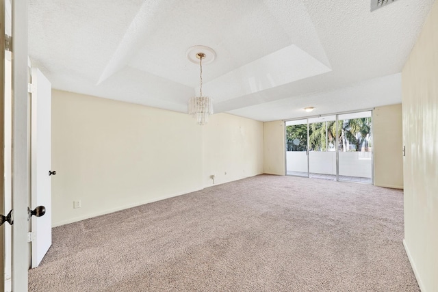 spare room with a raised ceiling, carpet, and a textured ceiling