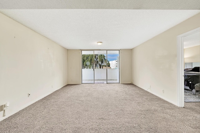 empty room with floor to ceiling windows, carpet flooring, and a textured ceiling