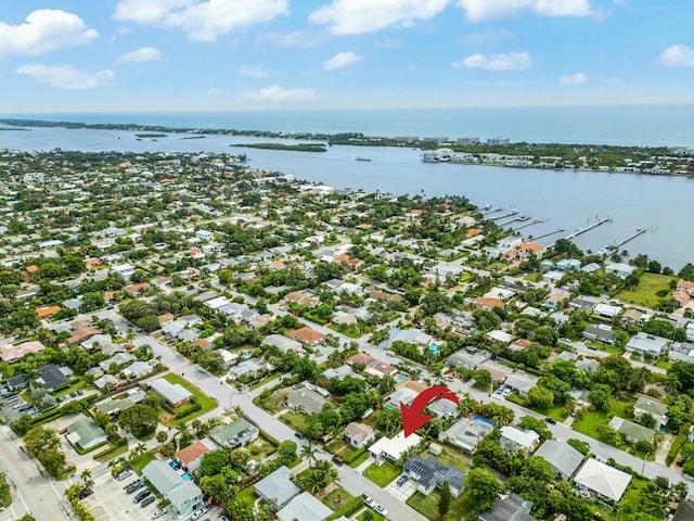 drone / aerial view with a water view