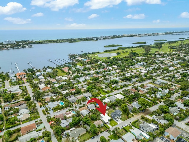 aerial view featuring a water view