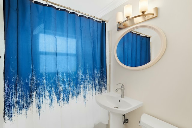 bathroom with ornamental molding, toilet, and sink