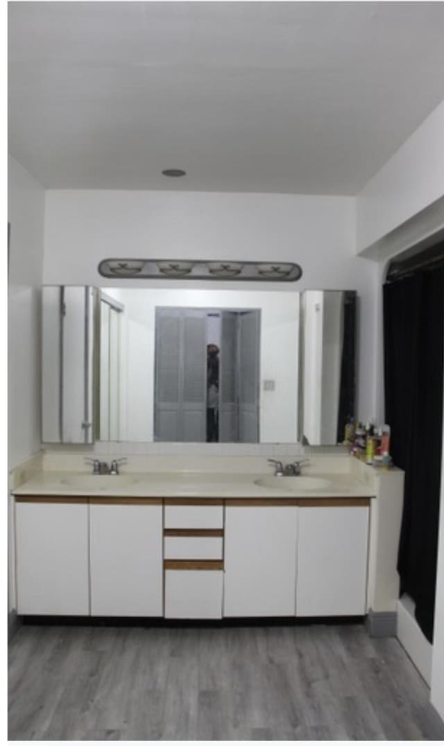 bathroom with hardwood / wood-style flooring and vanity