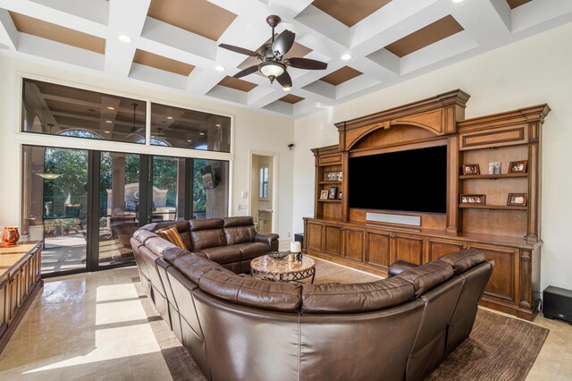 living room with beamed ceiling, ceiling fan, coffered ceiling, and a high ceiling