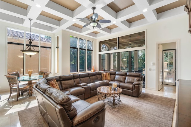 sunroom / solarium with coffered ceiling, ceiling fan, and beam ceiling