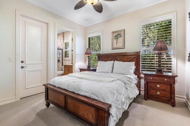 carpeted bedroom featuring connected bathroom, crown molding, and ceiling fan