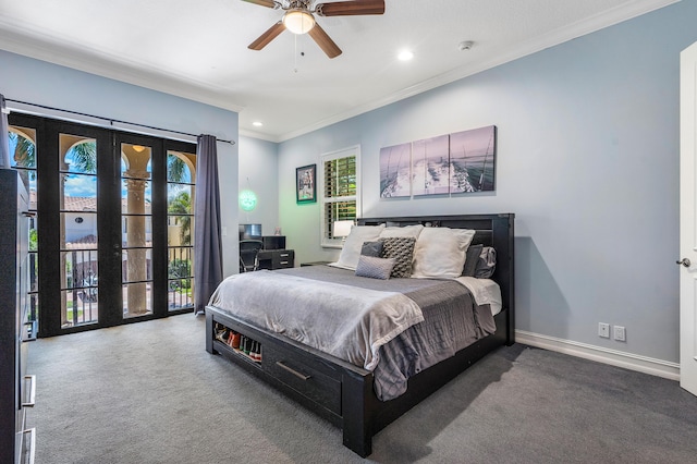 bedroom featuring ceiling fan, ornamental molding, access to exterior, and carpet