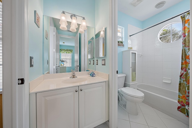 full bathroom with shower / tub combo with curtain, tile patterned floors, toilet, and vanity