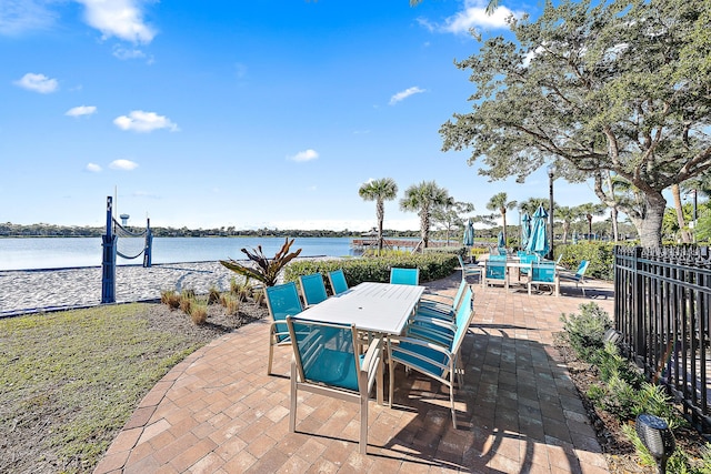 view of patio / terrace featuring a water view