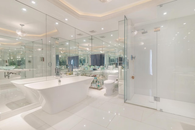 bathroom featuring tile walls, a raised ceiling, a soaking tub, toilet, and a stall shower