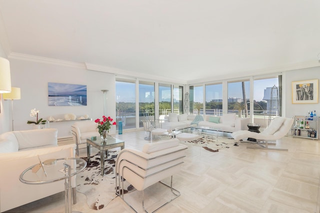 living area featuring a view of city, ornamental molding, and a wall of windows