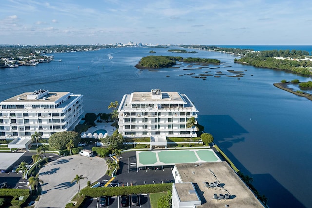 drone / aerial view with a water view