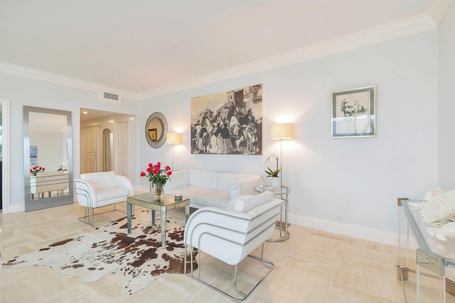 living area featuring baseboards, visible vents, and ornamental molding