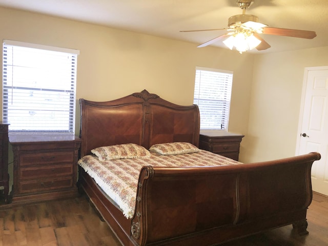 bedroom featuring multiple windows, dark hardwood / wood-style flooring, and ceiling fan