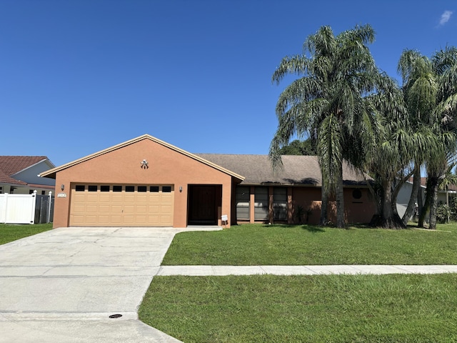 ranch-style home with a garage and a front yard