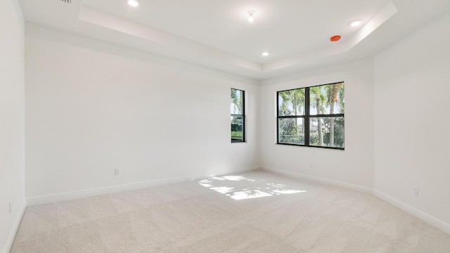 unfurnished room featuring light colored carpet and a tray ceiling