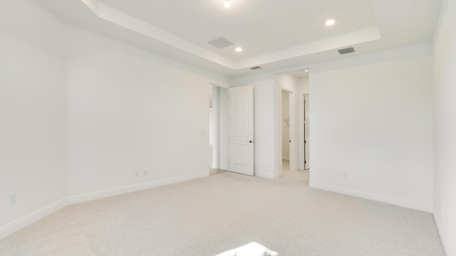 unfurnished room featuring a raised ceiling and light carpet