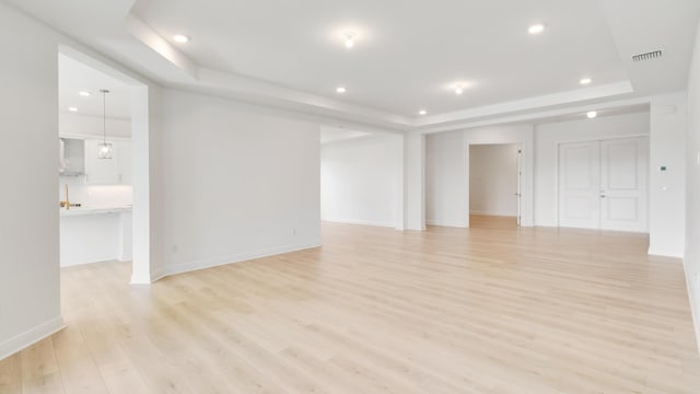 empty room with a tray ceiling and light wood-type flooring