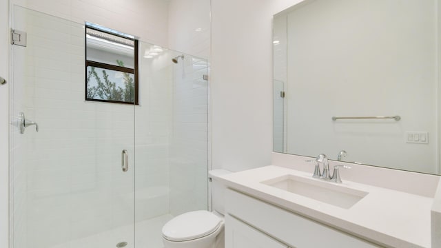 bathroom with vanity, a shower with door, and toilet