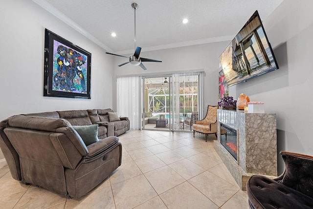 tiled living room featuring crown molding and ceiling fan