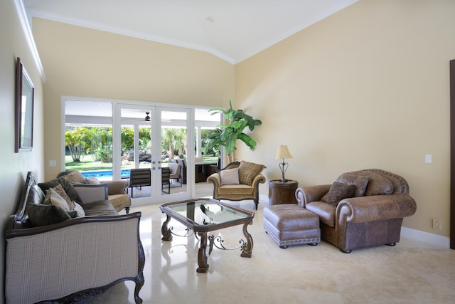 living room featuring ornamental molding, vaulted ceiling, and french doors