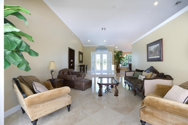 living room featuring french doors and ornamental molding