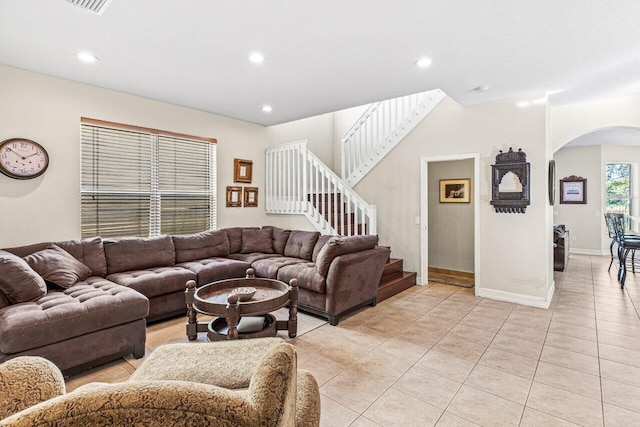 living room featuring light tile patterned flooring