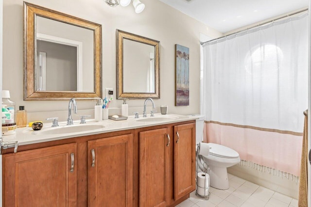 full bathroom featuring tile patterned flooring, vanity, shower / bath combination with curtain, and toilet