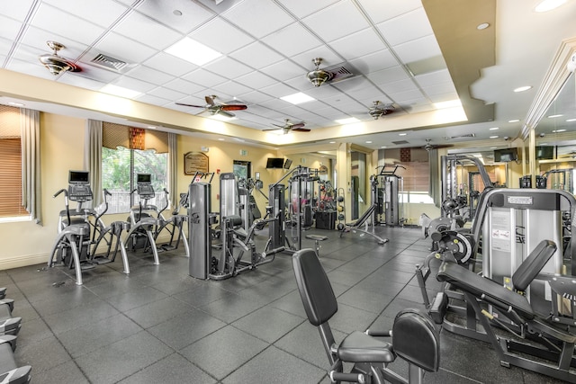 exercise room featuring ceiling fan, a raised ceiling, and a drop ceiling