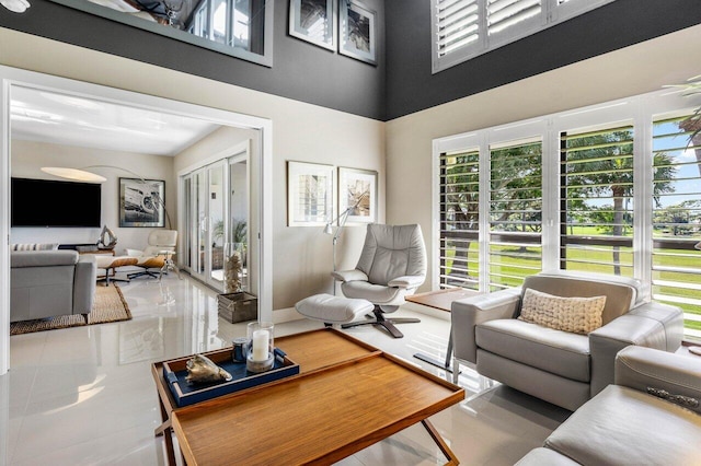 living room with a towering ceiling