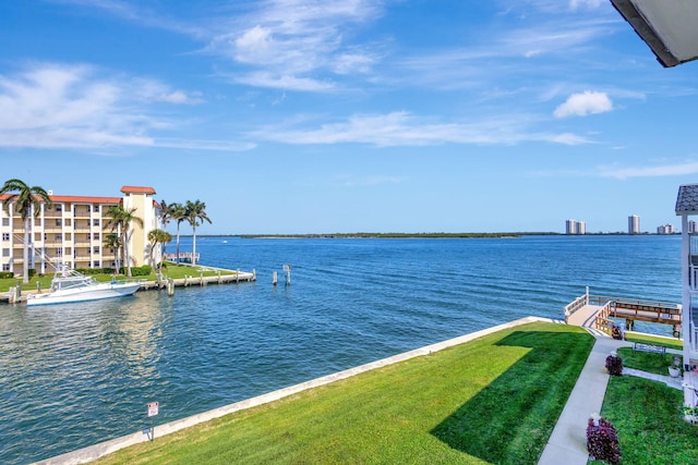 view of water feature with a dock