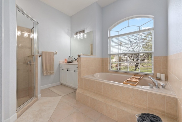 bathroom with vanity, separate shower and tub, and tile patterned floors