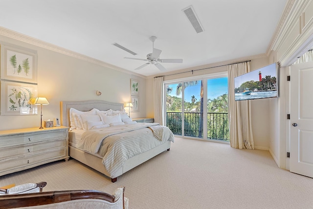 bedroom with ornamental molding, carpet flooring, access to exterior, and ceiling fan