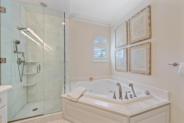 bathroom featuring crown molding and shower with separate bathtub