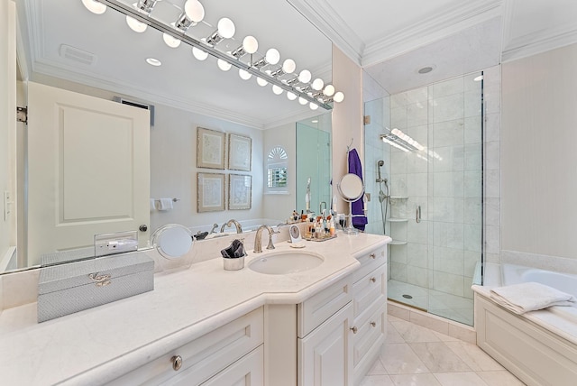 bathroom with crown molding, vanity, and independent shower and bath