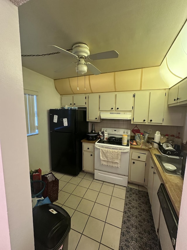 kitchen featuring sink, decorative backsplash, stainless steel dishwasher, white range with electric cooktop, and black fridge