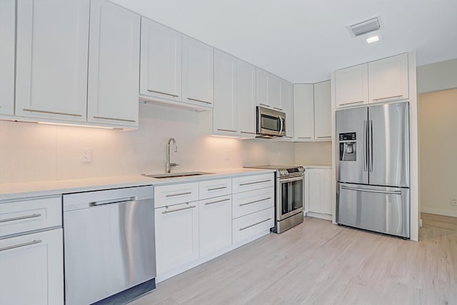 kitchen with appliances with stainless steel finishes, sink, light hardwood / wood-style flooring, and white cabinets