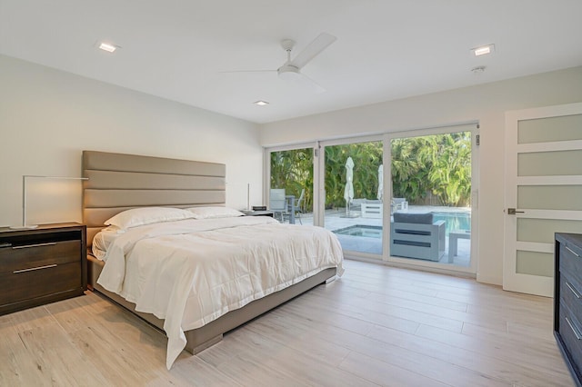 bedroom featuring multiple windows, access to exterior, light hardwood / wood-style flooring, and ceiling fan