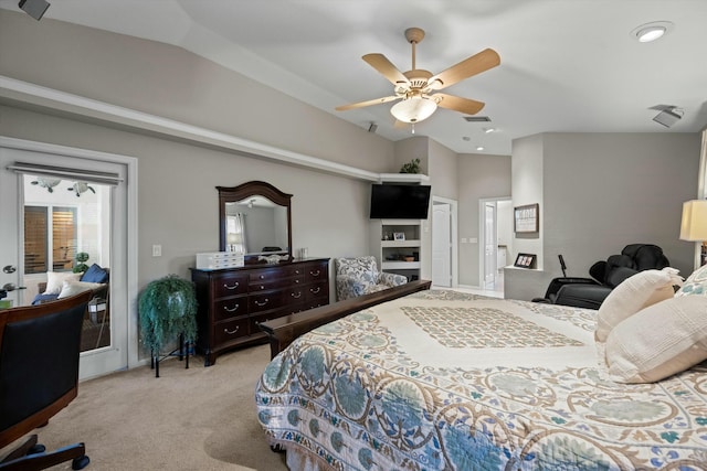 bedroom with lofted ceiling, light colored carpet, and ceiling fan