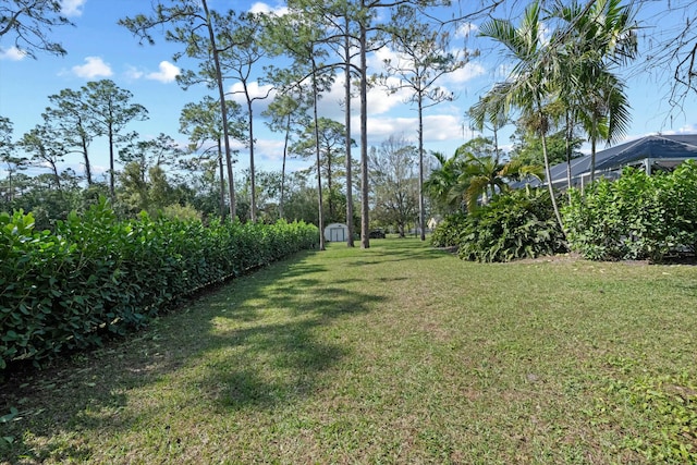 view of yard featuring a storage shed and glass enclosure