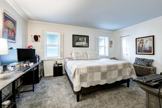 carpeted bedroom featuring crown molding