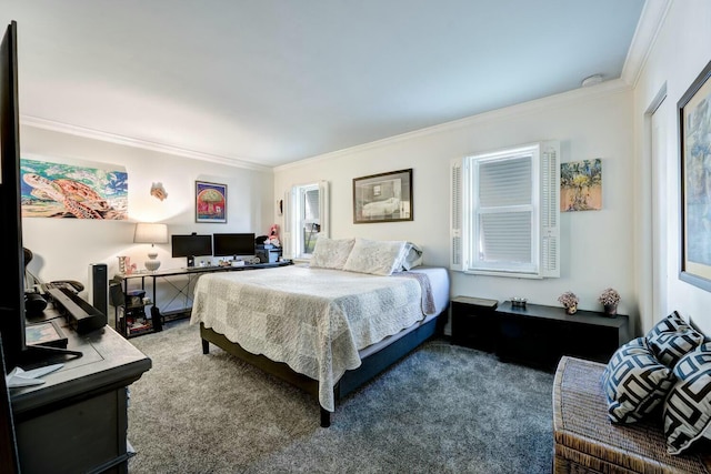 carpeted bedroom with ornamental molding