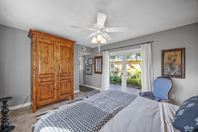 bedroom featuring ceiling fan and access to outside