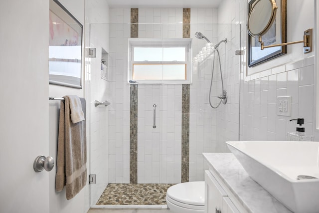 bathroom with an enclosed shower, vanity, and toilet