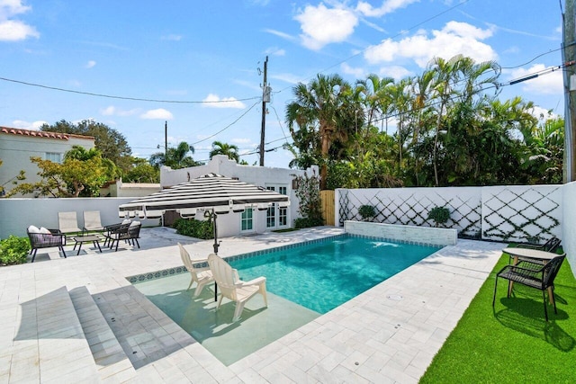 view of swimming pool with a patio