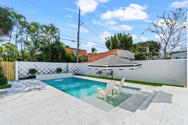 view of swimming pool featuring a patio area