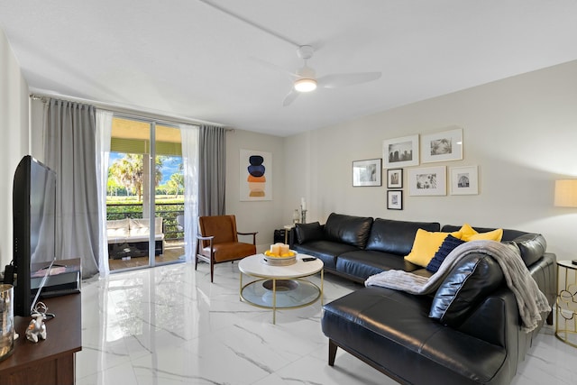 living room featuring ceiling fan